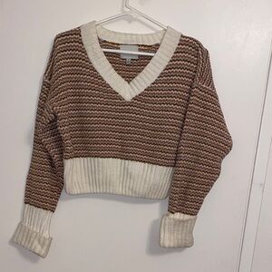 Pink Rose V-Neck Sweater - Brown and Cream